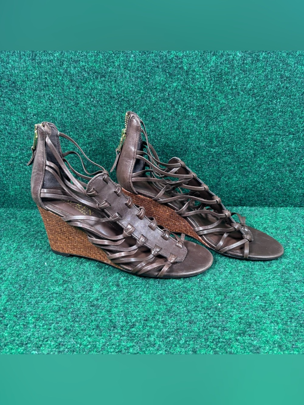 GORGEOUS Ralph Lauren Strappy Wedge "Alexandrea" Dk. Brown Leather  Sandals 6.5B